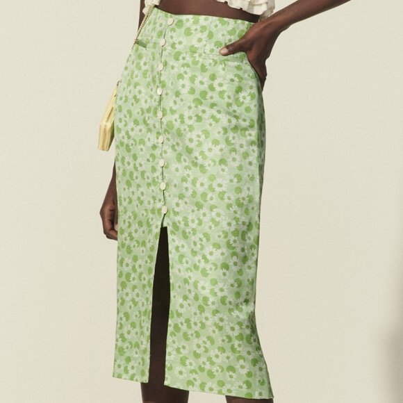 NWT SANDRO Paris Lavande Floral Green Linen & Silk Midi Skirt S $295 - Picture 1 of 11